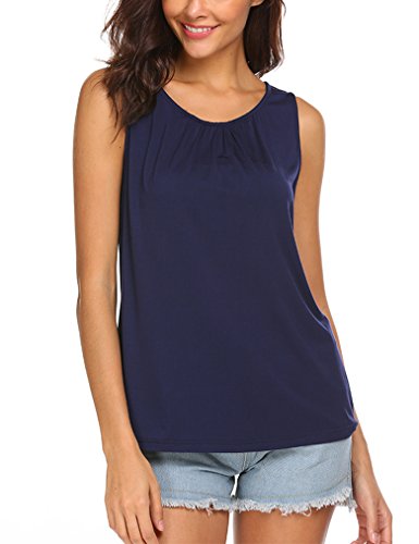 Locryz Women's Summer Sleeveless Pleated Back Closure Casual Tank Tops (L, Navy Blue)