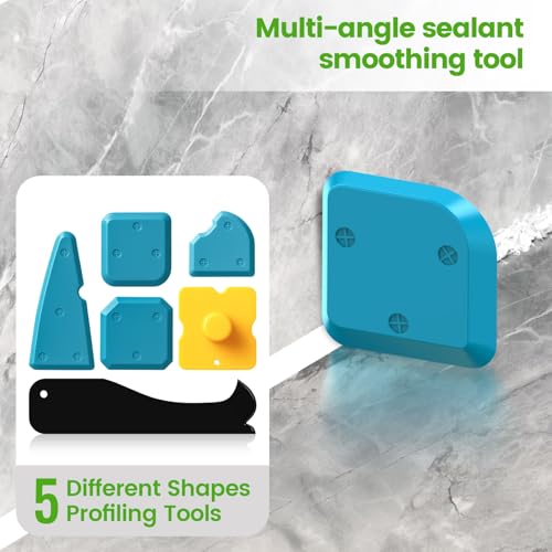 Caulking Tool 5 in 1 Silicone Caulking Grout Removal Sealant Finishing Tool with Grout Scraper, 6 Exchange Silicone Pads, Adhesive Residue Scraper Seam Repair Kit for Kitchen Bathroom White