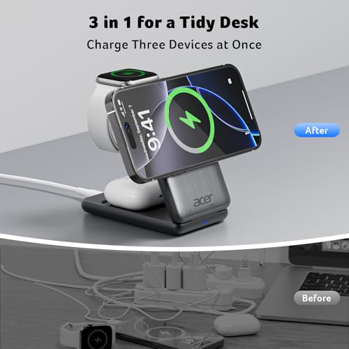 Acer 3 in 1 Charging Station for Apple Device, Magnetic Palm-Sized Foldable Fast Charger Stand Compatible with MagSafe for iPhone 17, Apple Watch & AirPods, Foldable Charging Dock for Desk S3