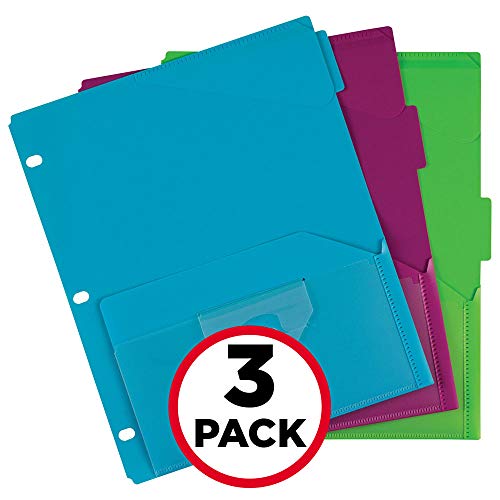 Five Star Binder Dividers, Flex, NotePocket, 3 Tabs, Teal, Purple, Lime