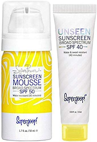 Supergooop! Unseen Sunscreen Broad Spectrum SPF 40 & Super Power Sunscreen Mousse SPF 50 Deluxe Travel Size, 2 Piece Set