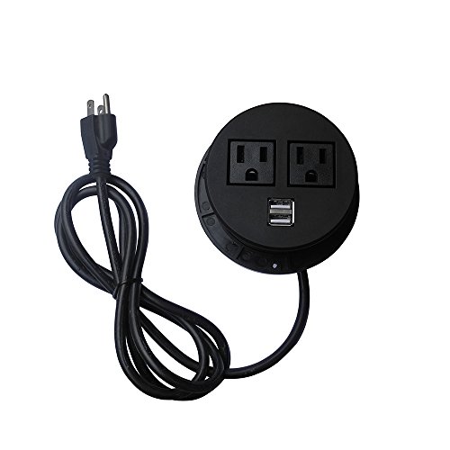 UL Listed Desktop Recessed Power Grommet Hub 2 Power Outlets & Dual USB Ports for Kitchen Office Desk Table (Black)