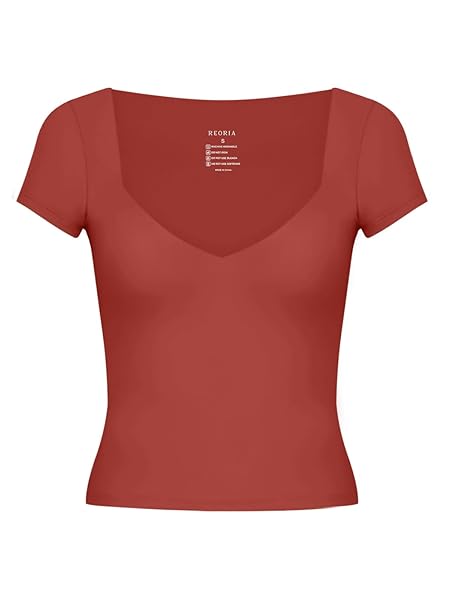REORIA WOMEN’S TRENDY SEXY V NECK SHORT SLEEVE DOUBLE LINED SLIMMING T SHIRTS CROP TOPS TEES, RUSTY RED, MEDIUM