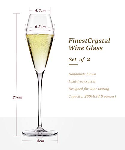 Crystal Champagne Glasses Set of 2,Hand Blown Flutes Glasses-100% Pure Lead Free Finest Crystal,Perfect for Wedding Gifts,Anniversary,10.6", 8.8 Oz, Super Clear