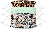 Mascarilla de tela con filtro (paquete de 3, floral / menta / leopardo) - Lavable y reutilizable - Talla unisex para adultos - Includ