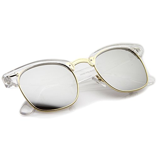 zeroUV - Premium Half Frame Horn Rimmed Sunglasses with Metal Rivets (Clear-Gold / Mirror)