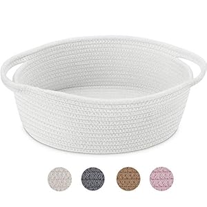 ABenkle Small Woven Basket, 12″x 8″ x 5″ Cute Small Basket, Rope Room Shelf Storage Basket, Cat Dog Toys Basket Chest Box, Empty Decorative Gift Basket with Handles – White