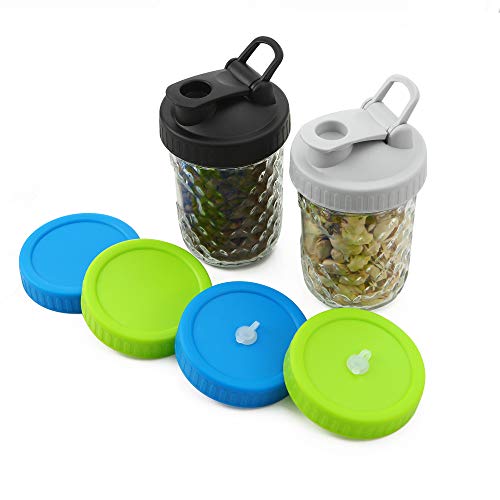 CONNYAM Wide Mouth Mason Jars with Lids (2pcs Jars, 16 oz/Pint), Including 2pcs Flip Top Lids and 2pcs Leakproof Lids and 2pcs Drink Lids with Straw Hole