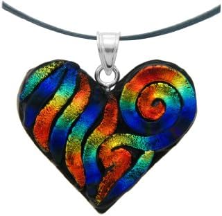 Sterling Silver Dichroic Glass Rainbow Swirl Heart-Shaped Pendant Necklace on Stainless Steel Wire- 18"