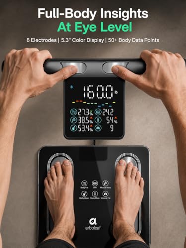 Arboleaf 8-Electrode Body Composition Scale with Handle Display, Black | Eye-level 5.3-inch Display, 50+ Body Metrics, Bluetooth App Sync, and 400 lb Capacity for Everyday Home Fitness Tracking