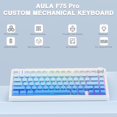AULA F75 Mechanical Keyboard,75% Wireless Gaming Creamy Keyboards,Hot Swappable Custom Bluetooth Keyboard with Knob, BT5.0/2.4GHz/USB-C,RGB Backlit,Sounding-Switches PBT Keycaps- Gradient Blue