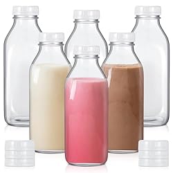 Peryiter 6 Pcs Glass Milk Bottle with Lid Reusable