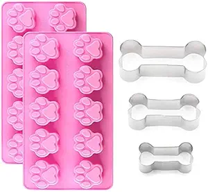 IHUIXINHE 2Packs Silicone Dog Paw Mold and 3 Packs Stainless Steel Bone Cookie Cutter, Dog Bone Biscuit Cookie for Homemade Treats and Cat Animal Paw Ice Candy Chocolate Baking Mold