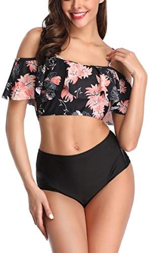 Amstt Swimsuit for Women Two Piece Off Shoulder Ruffled Flounce Crop Bikini Top with High Waisted Bottom Tankini Set