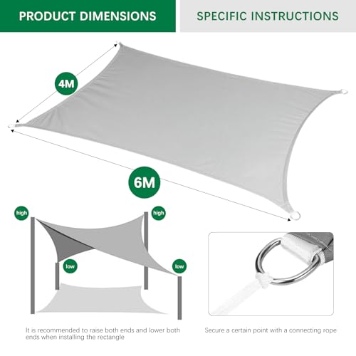 4 x 6 m Rectangular Sun Shade Sail, Premium 420D Oxford Fabric, UV Protection, Waterproof Tears, for Garden, Balcony and Terrace, Fixing Cables Included, Grey