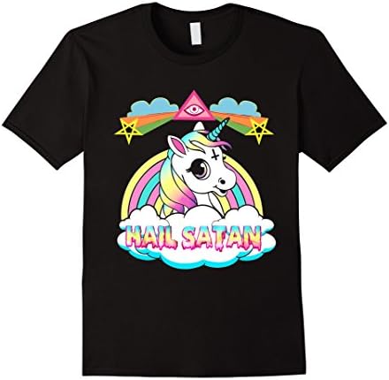 Mens Unicorn hail satan death metal rainbown tshirt Large Black