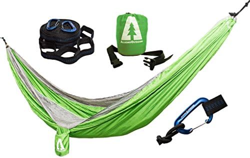 Allegro Outdoors Ripstop Double Camping Hammock and Tabono Tree Strap Bundle (LT GREEN / LT GRAY)