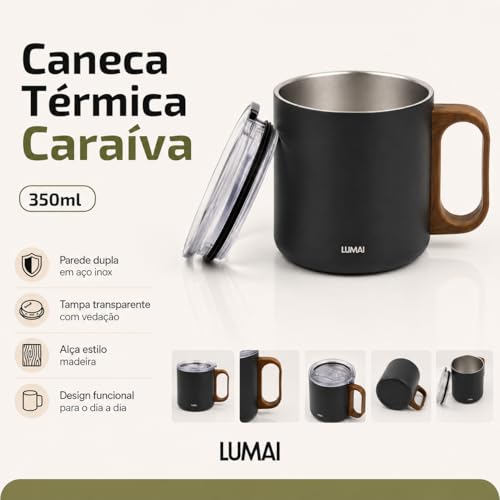 LUMAI Caneca Térmica 350ml Inox com Tampa Antivazamento Premium - Preta | Caneca de Café Caraíva, Aço Inox 304, Parede Dupla com Isolamento Térmico, Alça Estilo Madeira, Bebidas Quentes ou Frias