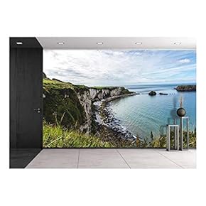Panoramic Aerial View to Rocky Sea Coastline with Mountains Cliffs - Removable Wall Mural | Self-Adhesive Large Wallpaper - 66x96 inches