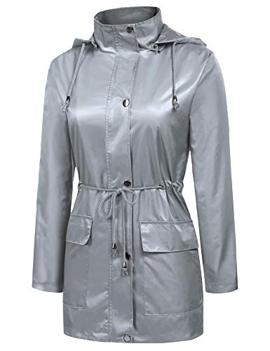 URRU Women's Waterproof Outdoor Raincoat Lightweight Rain Jacket Active Hooded Windbreaker Trench Coat Grey M - Thumbnail 2