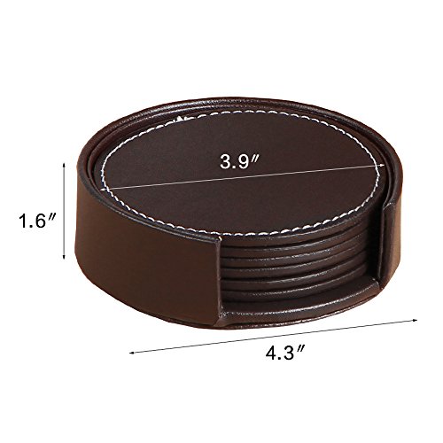 Set of 6 Leather Drinks Coasters with Holder Round Coaster Cup Mat Pad for Home and Kitchen Use,Protect Your Furniture (Brown Round) - Thumbnail 3