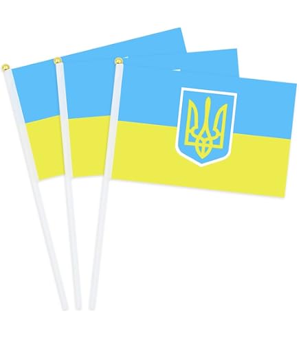 Banderas De Mano Ucrania - Pack De 10 Unidades, 14x21 Cm, Mástil Plástico 30 Cm, Para Eventos Deportivos