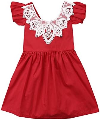 CAIBIET Infant Toddler Baby Girl Dress Lace Collar Ruffle Sleeve Romper Spring Summer Outfit (Red, 120(3-4 Years))