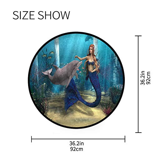ALAZA 3D Mermaid Dolphin Ocean Round Area Rug Non Slip Rug Floor Mat Carpet Entryway Hallway Sofa Living Room Bedroom Home Decor 3' Diam