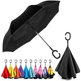 EEZ-Y Reverse Inverted Windproof Umbrella - Upside Down Umbrellas with C-Shaped Handle for Women and Men - Double Layer Inside Out Folding Umbrella