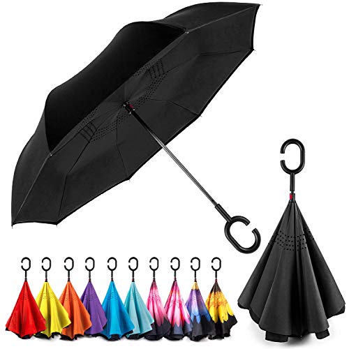 EEZ-Y Reverse Inverted Windproof Umbrella - Upside Down Umbrellas with C-Shaped Handle for Women and Men - Double Layer Inside Out Folding Umbrella