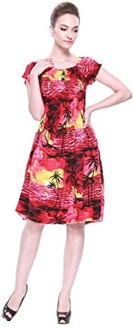LLJ Hawaii's Women's Hawaiian Elastic Top Short Sleeve Dress in Red Sunset