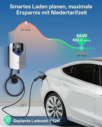 Wallbox 11kW with App & RFID - 3-Phase Type 2 EV Charger 400V, 6-16A, 8M Cable with Cable Holder - RCD Type B & IP54, Setting Start Time Efficient Charging Station for Home for BEV PHEV
