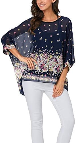 Women Bohemian Floral Printed Blouse Batwing Sleeve Plus Sheer Chiffon Oversize Loose Top Tunic Tops