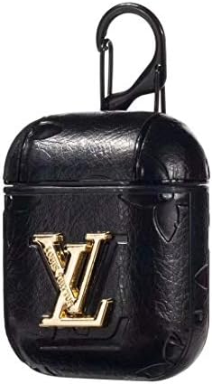 Airpods Case, Monogram Designer Designer PU Leather Full-Body Protection with Carabiner Hook Cover Case for Apple Airpods 1/2 (Black)