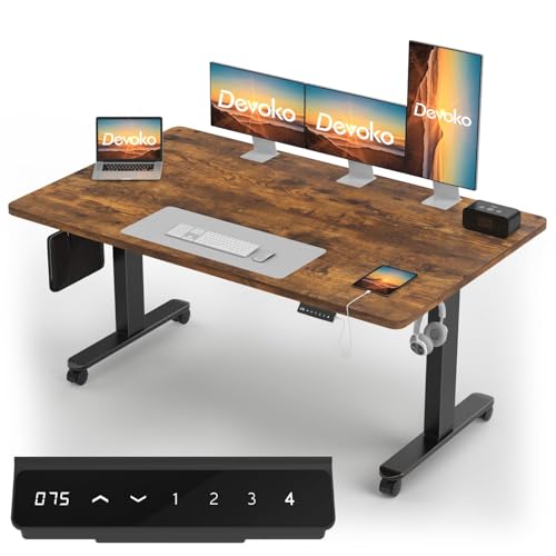 Devoko Höhenverstellbarer Schreibtisch mit 2 Motoren，25mm Einteilige Tischplatte, 160x80 cm Mobiler Elektrisch Computertisch mit Kabel Management, Vintagebraun - Perfekte Ergonomie für Dein Büro thumbnail 1