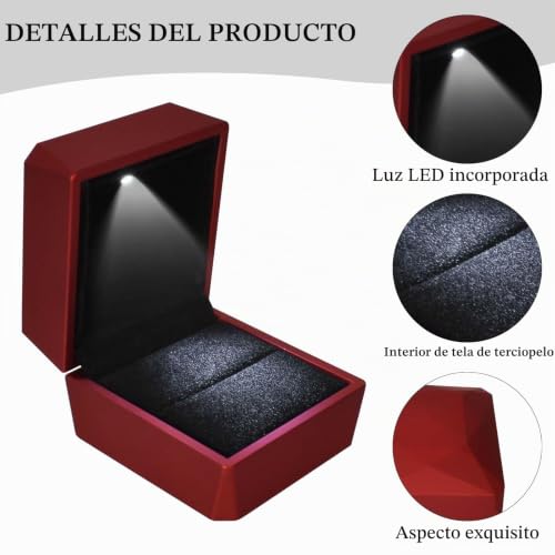 Colexy Ring Box with LED Light, Velvet Box, Jewellery Box for Rings, Rings LED Jewellery Storage Boxes, for Proposal Engagement, Weddings and Valentines, 5.8 x 6.3 x 5 cm, Red-A