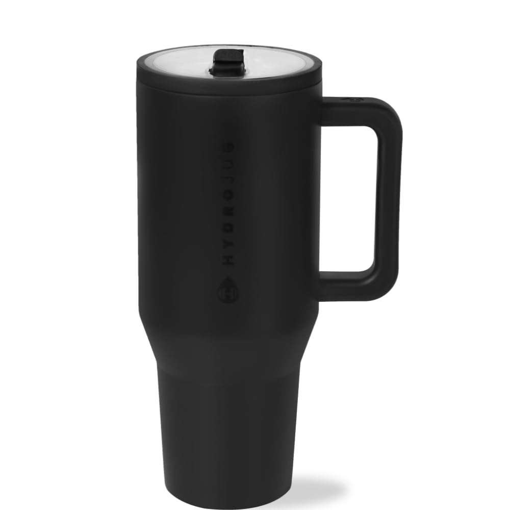 Photo 1 of HydroJug Traveler - 32 oz Water Bottle with Handle & Flip Straw - Fits in Cup Holder, Leak Resistant Tumbler-Reusable Insulated Stainless Steel & Rubber Base - Gifts for Women & Men, Black