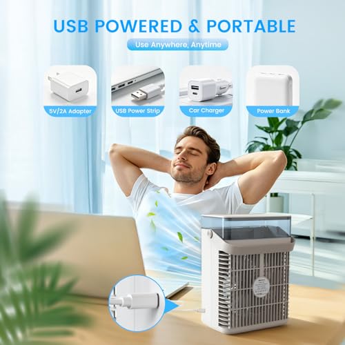 Mini Air Conditioner, 4-in-1 Portable Air Conditioner with 1000ML Water Tank Small AC Unit Air Cooler USB Powered Evaporative Cooler Cooling Fan with 2/4/8H Timer & Light for Office Bedroom Room