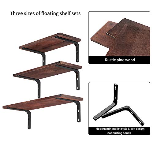 EKNITEY Floating Shelves Wall Mounted, Rustic Wood Wall Shelves Book Shelf Multipurpose Wall Storage Shelves Set of 3 Decor Display Shelves for Living Room/Bedroom/Bathroom/Kitchen (Brown)