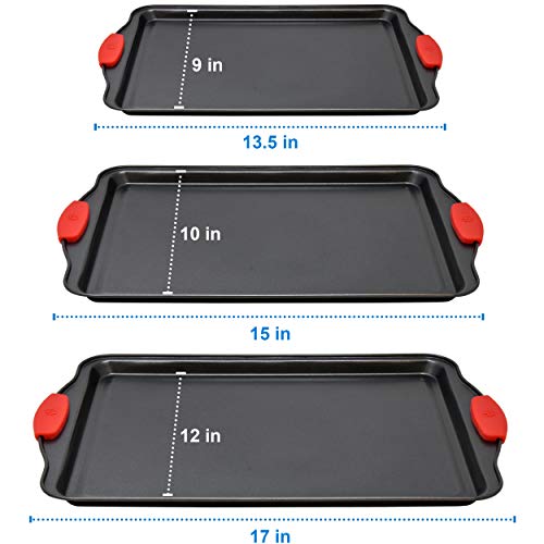 3 Piece Baking Sheets Nonstick Bakeware Set, Premium Cookie Sheet Pan Set with Silicone Grip Handles, Professional Steel Pan Baking Supplies Rectangle Cookie Pans in 3 Sizes by Perlli