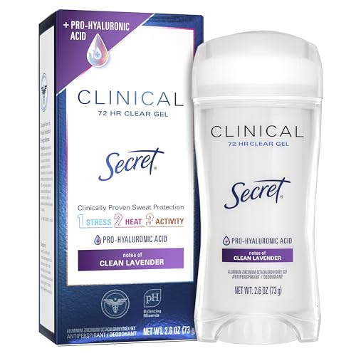 Secret Clinical Strength Antiperspirant Deodorant for Women, 3X Stress Protection, 72hr Sweat & Odor Protection, PH Balancing Minerals, Clear Gel, Clean Lavender Scent, 2.6 oz