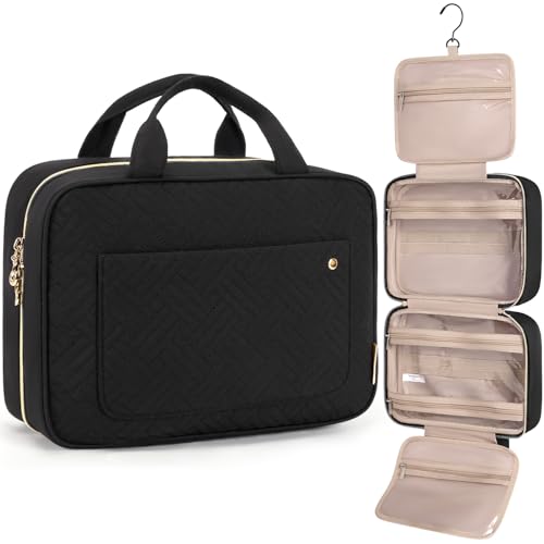Bagsmart Toiletry Bag, Travel Bag with Hanging Hook, Water-Resistant Makeup Cosmetic Bag, Travel Organiser for Accessories, Shampoo, Full Size Container, Toiletries, L-black