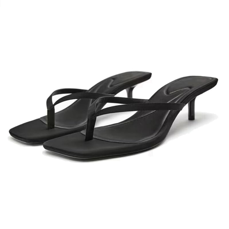 Photo 1 of ***CHECK CLERK NOTES*** Proptmina Women's Miami Kitten Heels Sandals Square Open Toe Thong Sandal Flip Flop Heels +Memory Foam Heeled Sandals for Women (Fabric Black,7)
