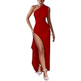 LAGSHIAN Women's Summer Sexy Bodycon One Shoulder High Split Ruched Cocktail Party Long Dress