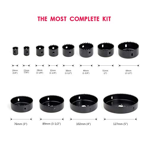Hole Saw Kit, Diagtree 16 Pieces 3/4''-5'' Full Set in Case with Mandrels, Hex Key and Install Plate for Soft Wood, PVC Board and Plastic Plate Drilling, Hardened High Carbon Steel