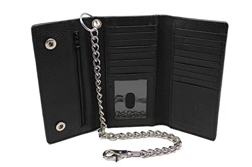 RFID Blocking Steel Chain Trifold Wallet 212 Biker,Trucker,Motorcycle Cow Leather Long Checkbook