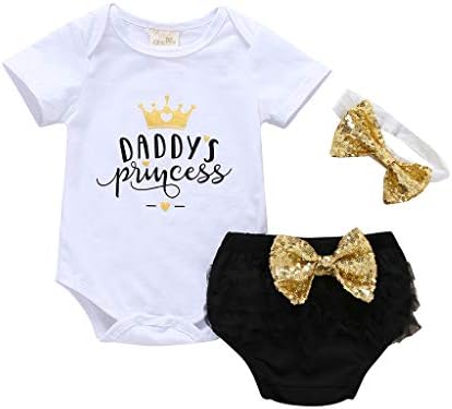 Baby Girl Newborn 3pcs Short Outfit Set Daddy's Princess Crown Romper+Lace Layer Shorts+Gold Sequins Headband
