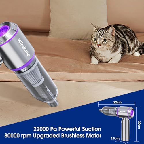 Wirelume Handheld Car Vacuum Cleaner Cordless Powerful 22000Pa Strong Cyclonic Suction Blowing Brushless Motor Mini Hand Held Portable Rechargeable Lightweight for Pet Hair Vehicle Home Office Purple