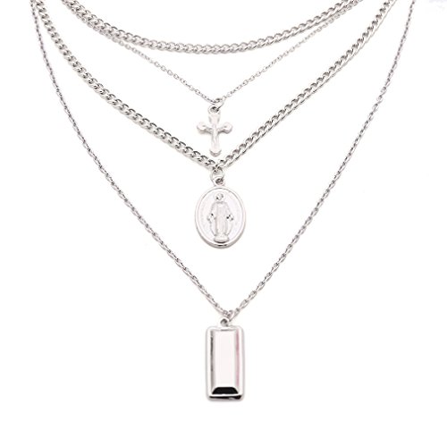 Dolland Bohemian Retro Carved Coin Bullion Virgin Mary Cross Pendant Clavicle Necklace Multi-Layer Bead Chain Necklace,Sliver Bullion - Thumbnail 3