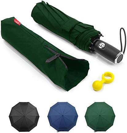 Automatic Umbrella Windproof - Lejorain Folding Rain Umbrella / 10 Ribs Stormproof - Collapsible 3 Fold Business Travel Umbrella for Men Women(Black) (Green)